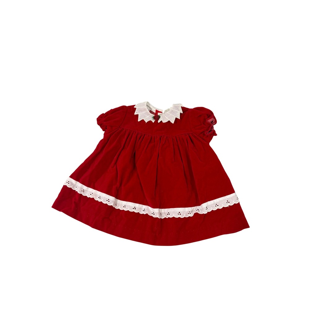 Roanna Vintage Red Velvet Baby Dress Lace Trim Holiday Christmas 12 Months USA